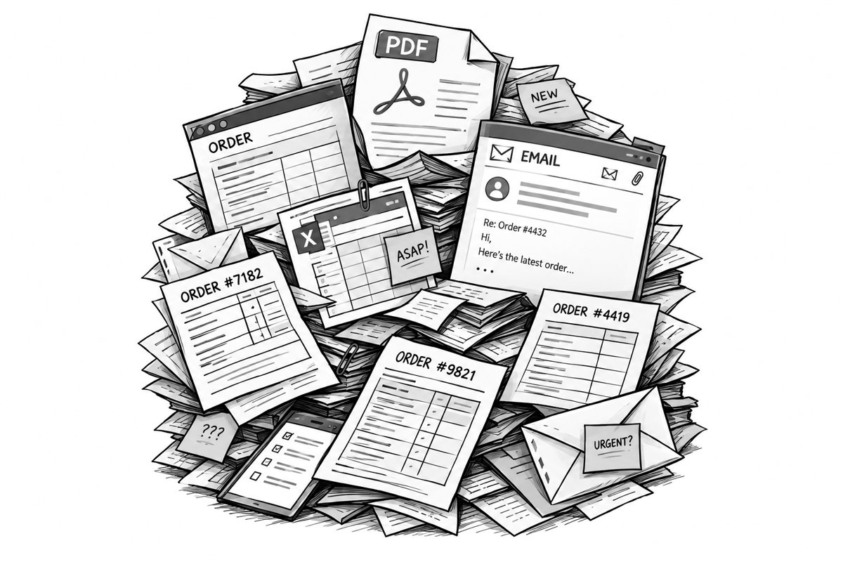A chaotic pile of order forms, emails, PDFs and sticky notes